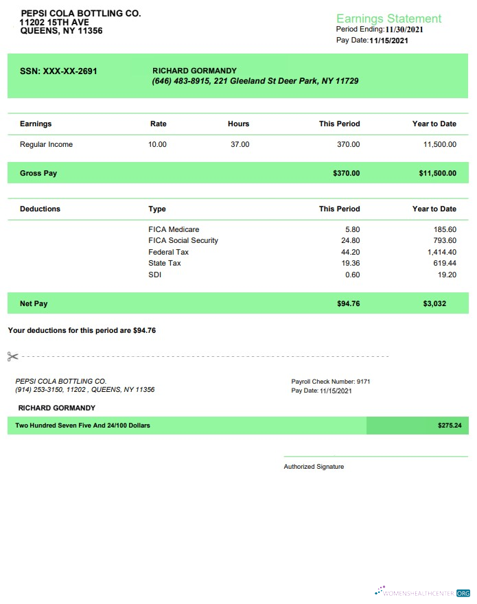 Download Papsi Cola bottling co earnings statement in PDf and Word formats Photoshop template